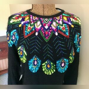 Vintage Sequin & Beaded Cedars Black Knit Dress Sweater Size: M